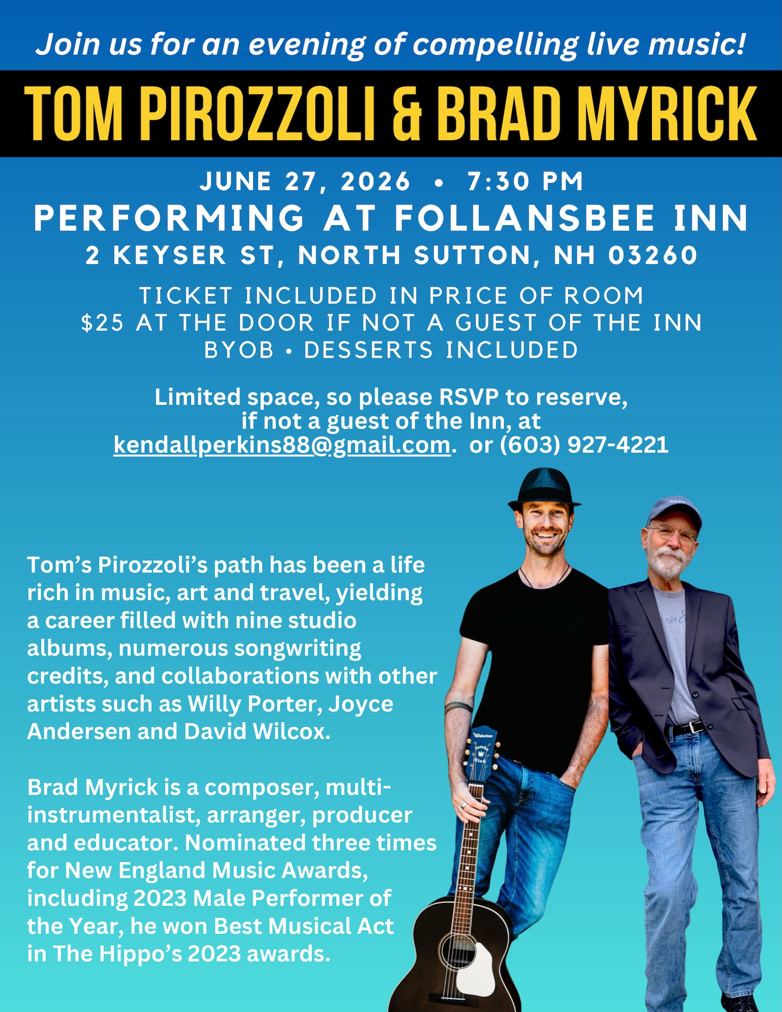Tom and Brad performing at Follansbee Inn. June 27, 2026