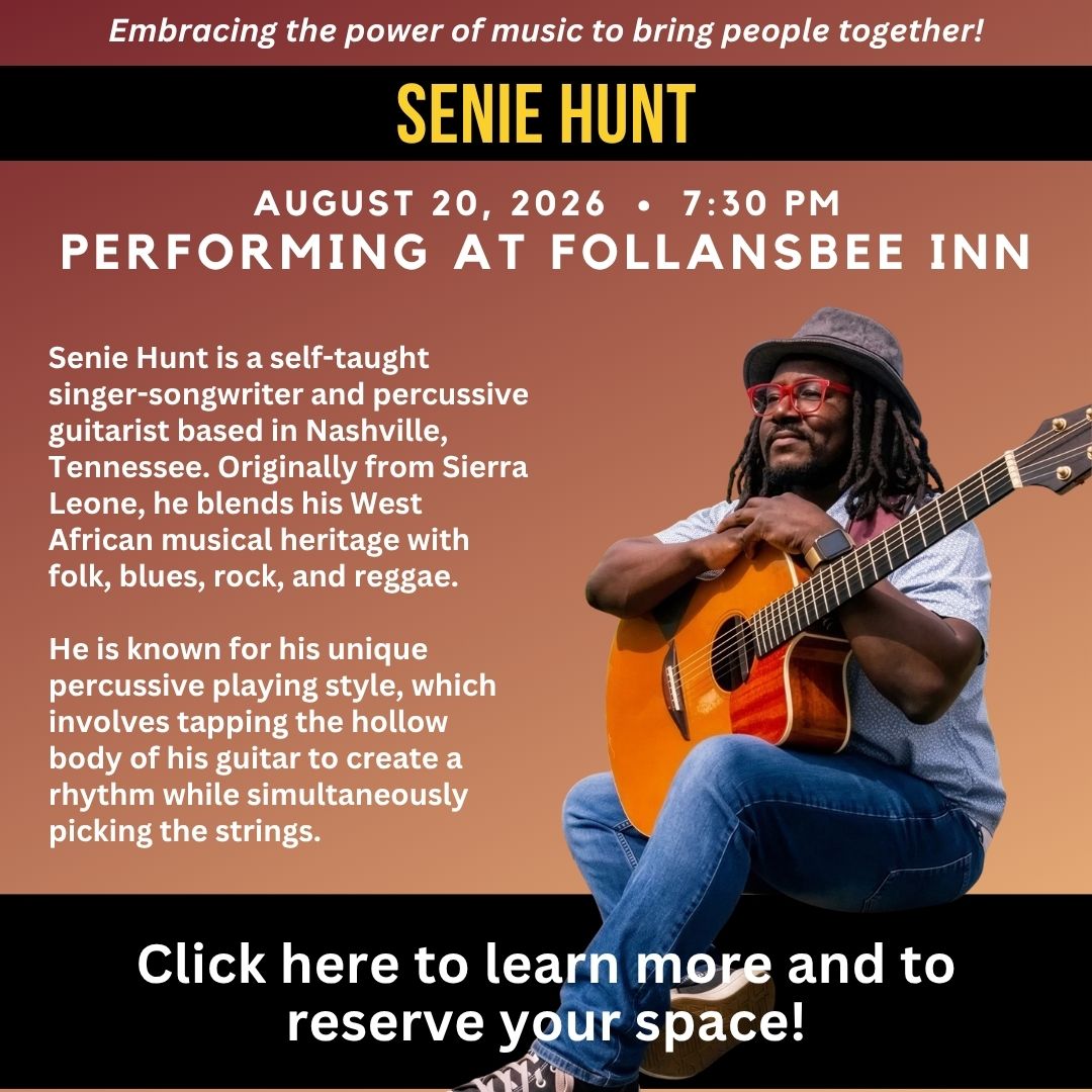 Senie Hunt at Follansbee Inn. August 20, 2026 at 7:30pm